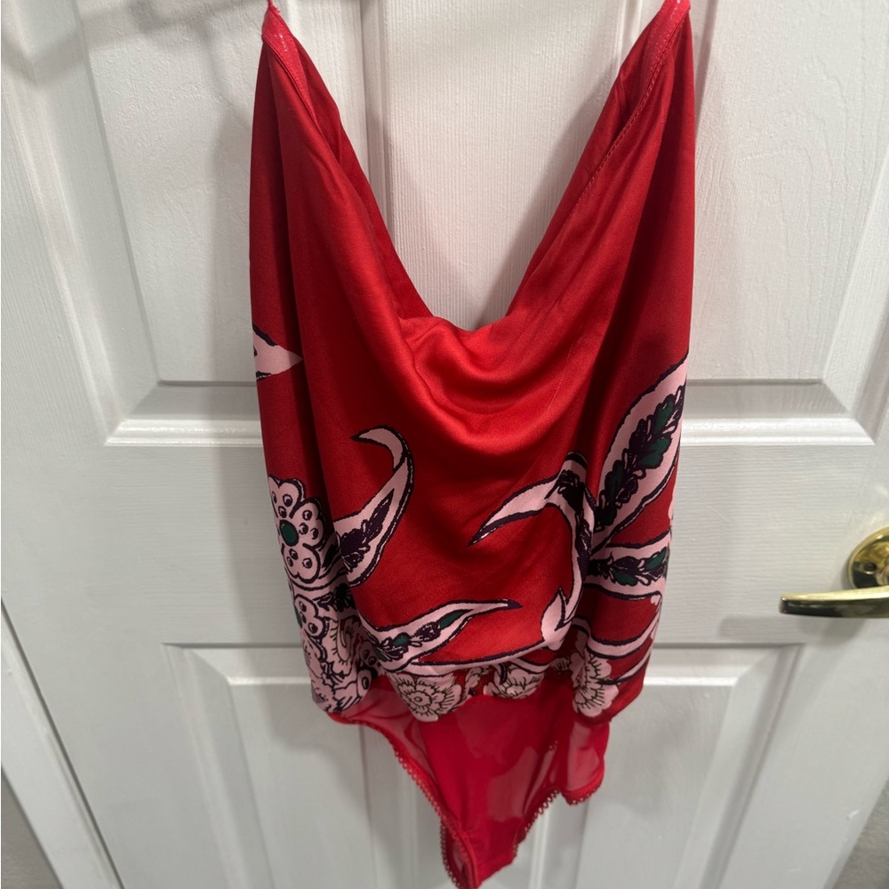 Free People Red and Black Patterned Bodysuit Size Medium